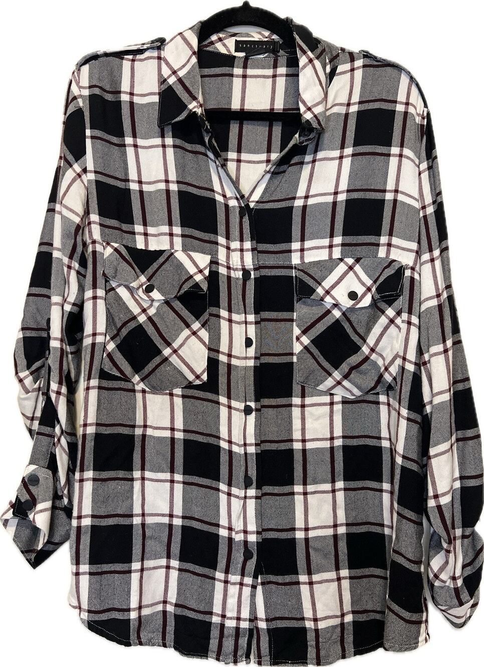 Sanctuary Boyfriend Shirt Plaid Medium Snap‎ Up Black White Red Check Women